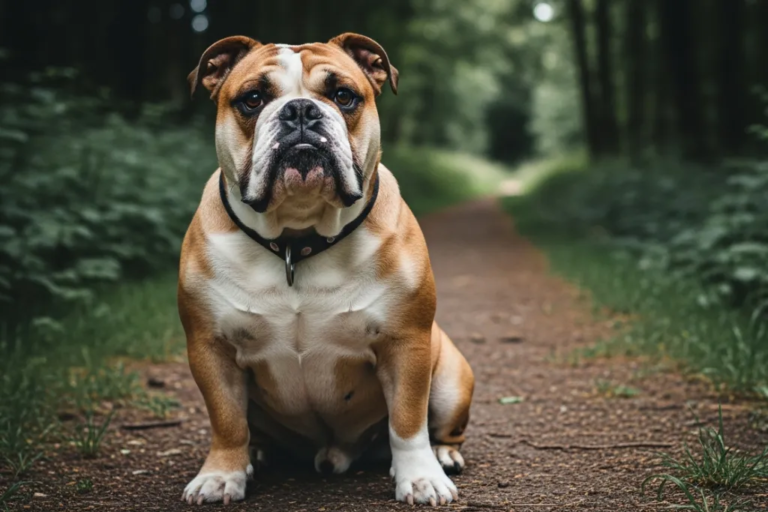 Bull Dog in a woodland on his dog walk