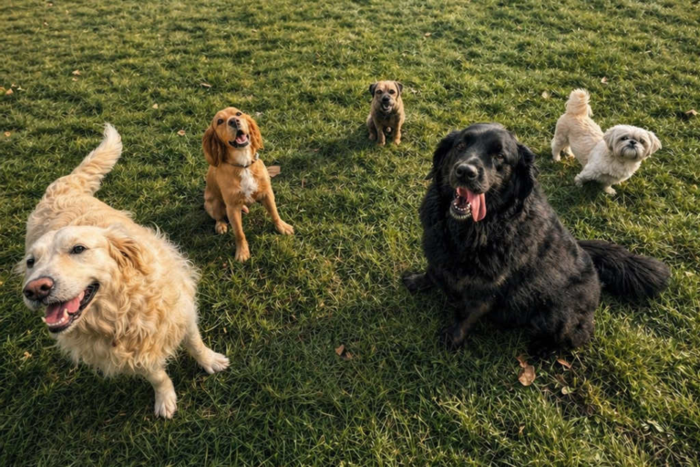 five happy dogs on their dog walk in Stowmarket UK